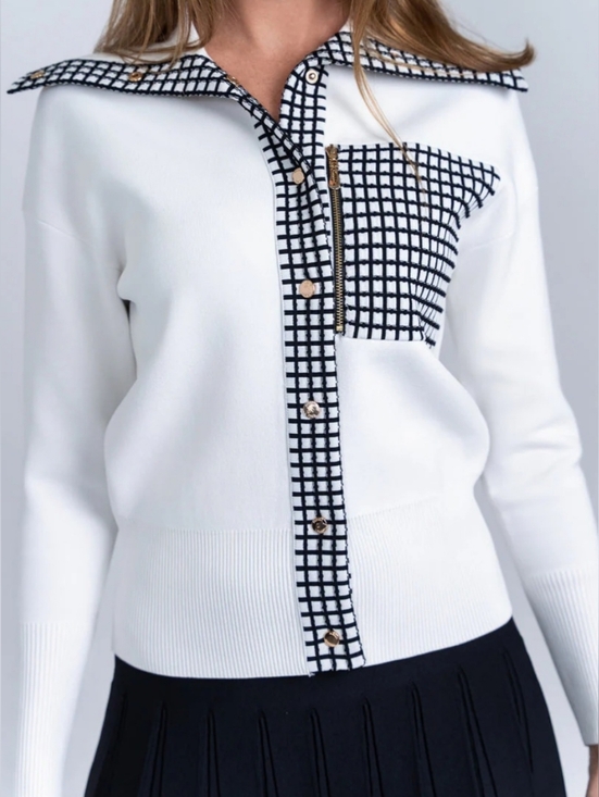 Aleeza Paris Sweaters - Aleeza White Knit Cardigan W/ Black Grid Trim & Pocket Detail- Classy!!